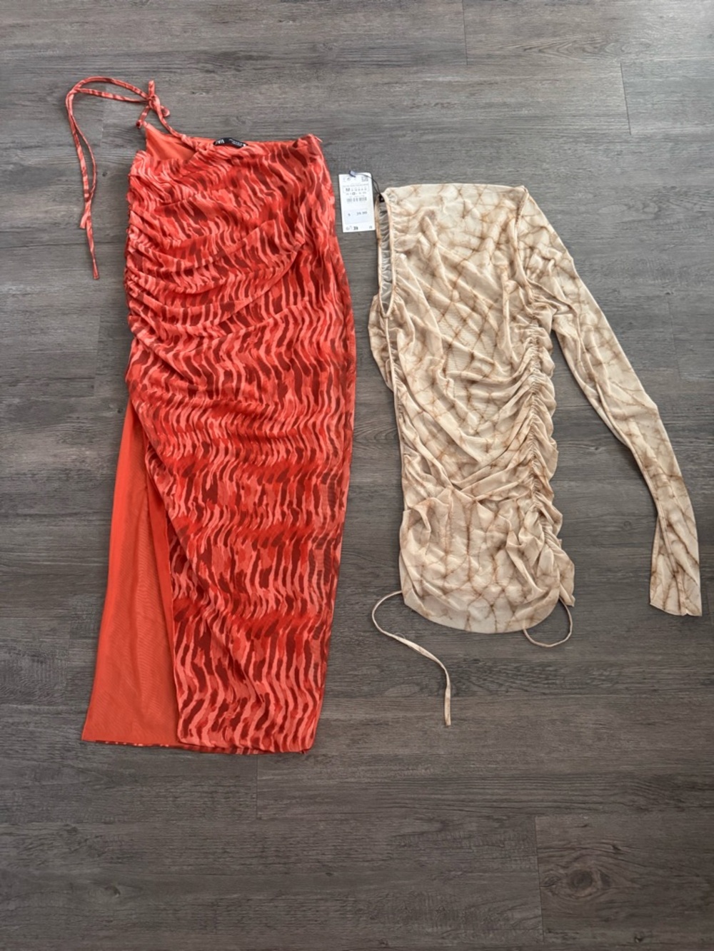 BUNDLE Red Ruched Midi Skirt with Side Slit (S) & Cream See Thru Mini Dress (M)